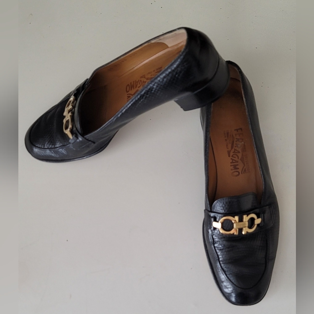 Salvatore Ferragamo Black Leather Heeled Loafers with Gold Hardware